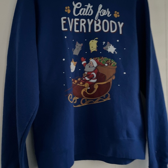 Christmas Holiday Cat Sweatshirt Blue Cats For Everybody Santa Sleigh Cats Small - Picture 6 of 12